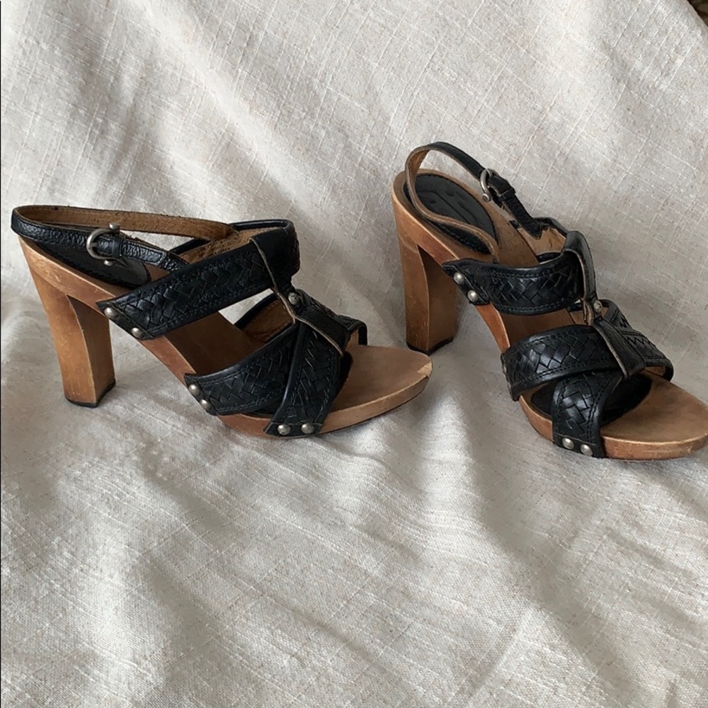 Frye Wood & Black Leather Heel Shoes Size 7.5